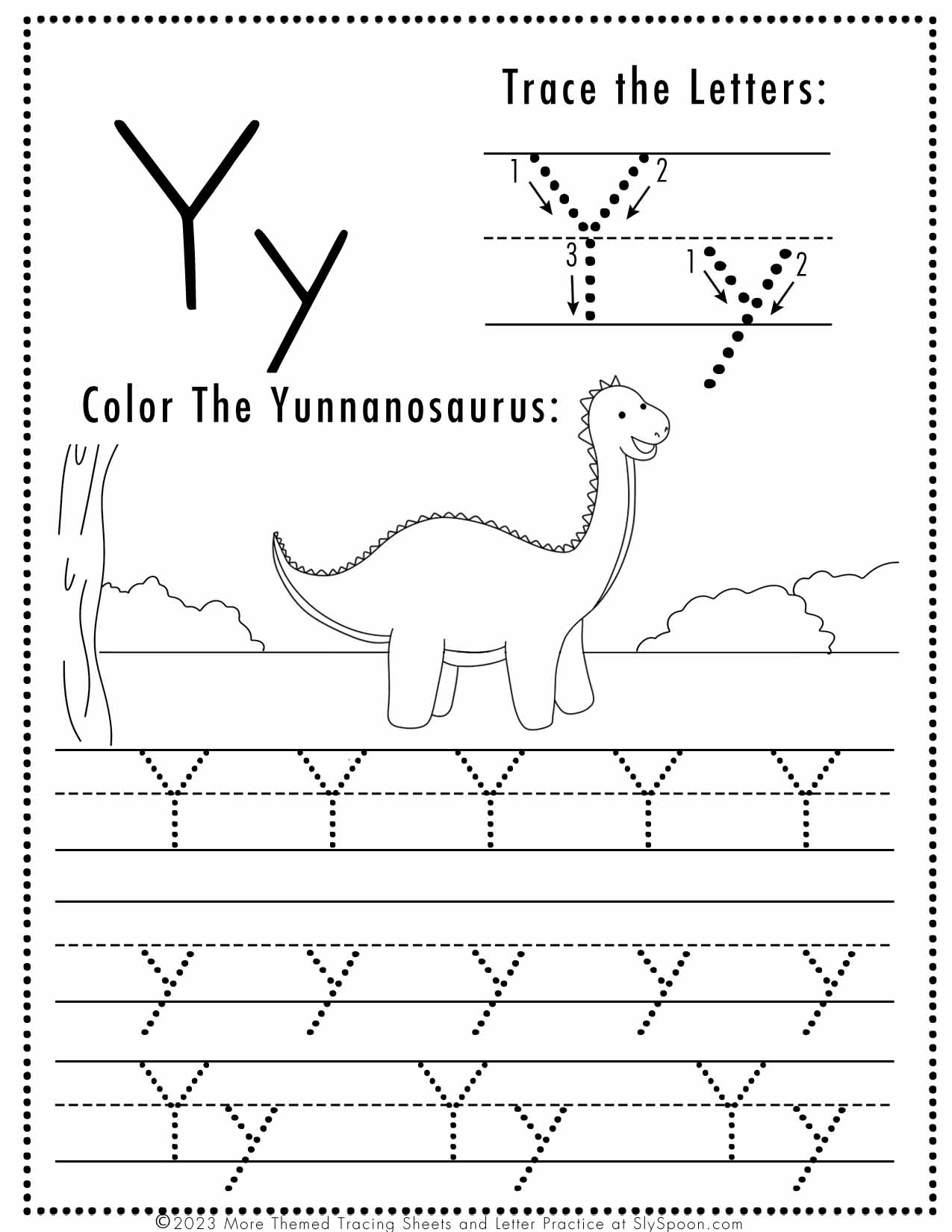 Free Letter Y Tracing Worksheet Printable Dinosaur Themed Sly Spoon