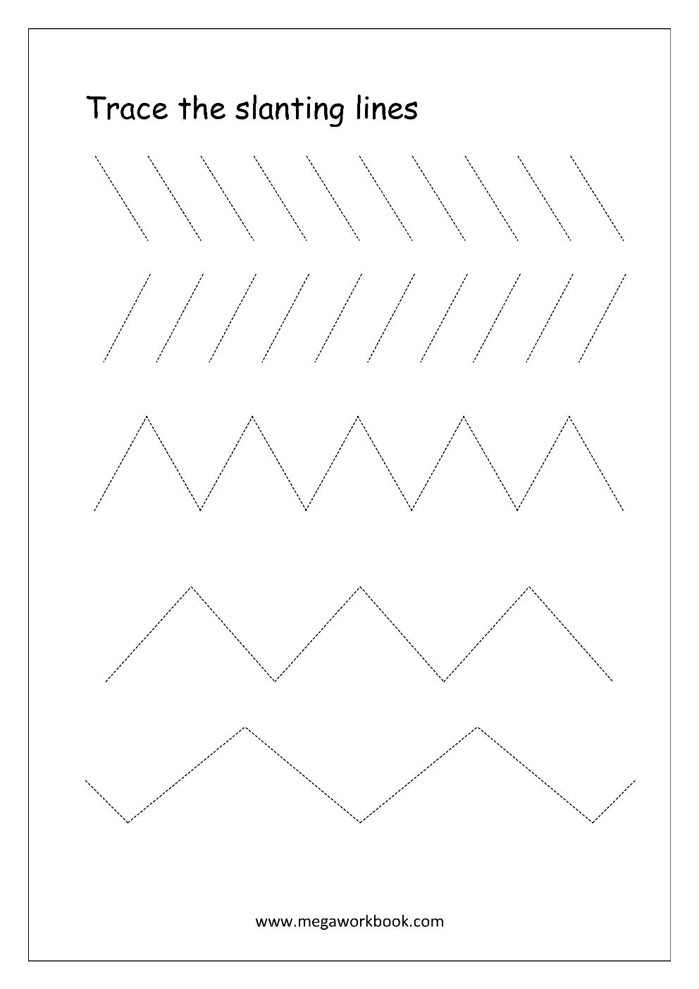 Free Printable Pre Writing Tracing Worksheets For Preschoolers Line Tracing Curve Tracing Pre writing Skills Sleeping Lines Standing Vertical Lines Slanting Lines Curved Lines MegaWorkbook