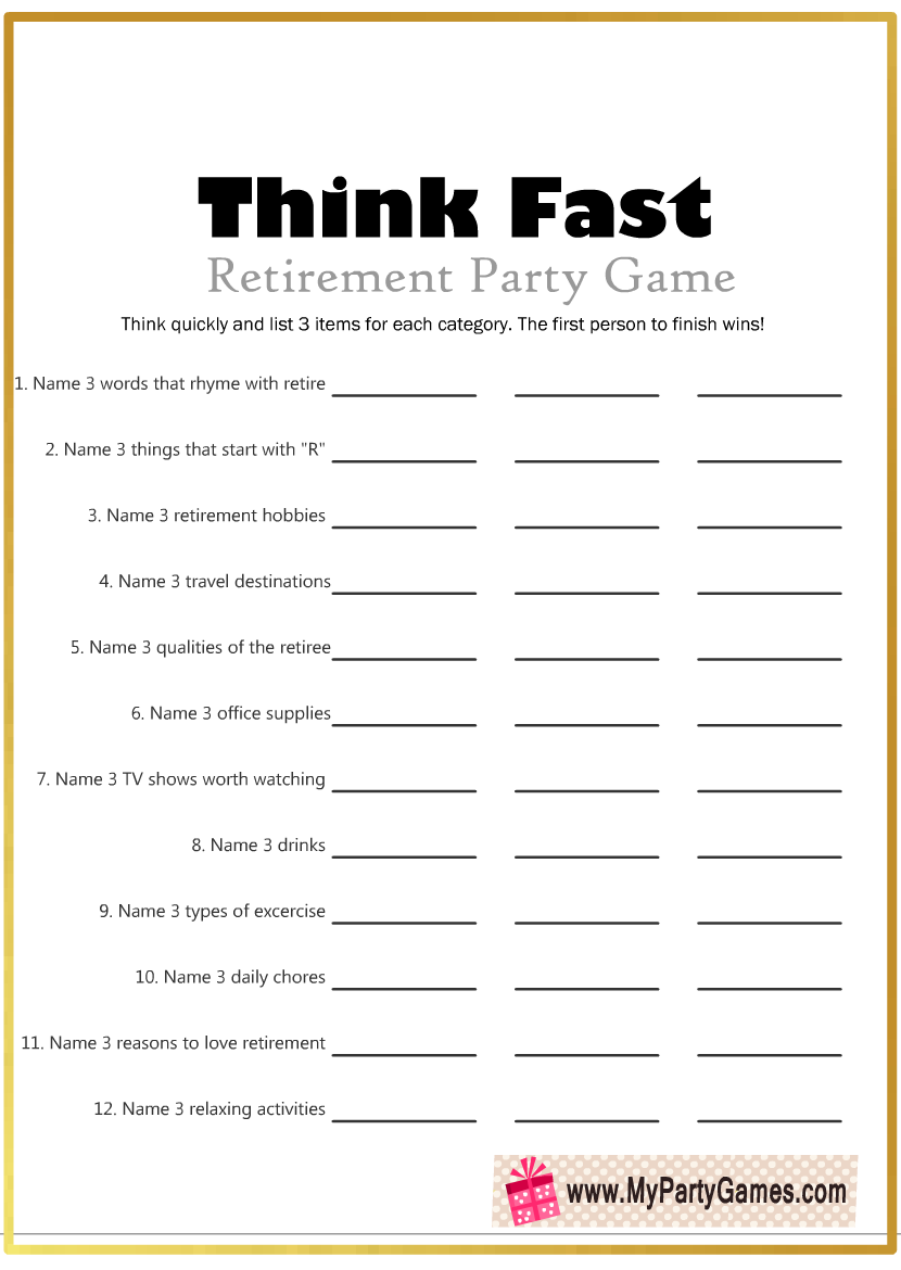 Free Printable Think Fast Game For Retirement Party Free Printable Think Fast Game For Retirement Party