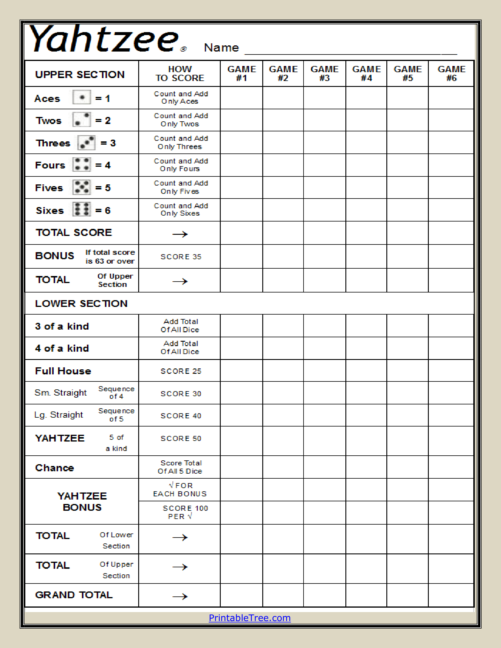 Free Printable Yahtzee Score Card Sheets PDF Templates