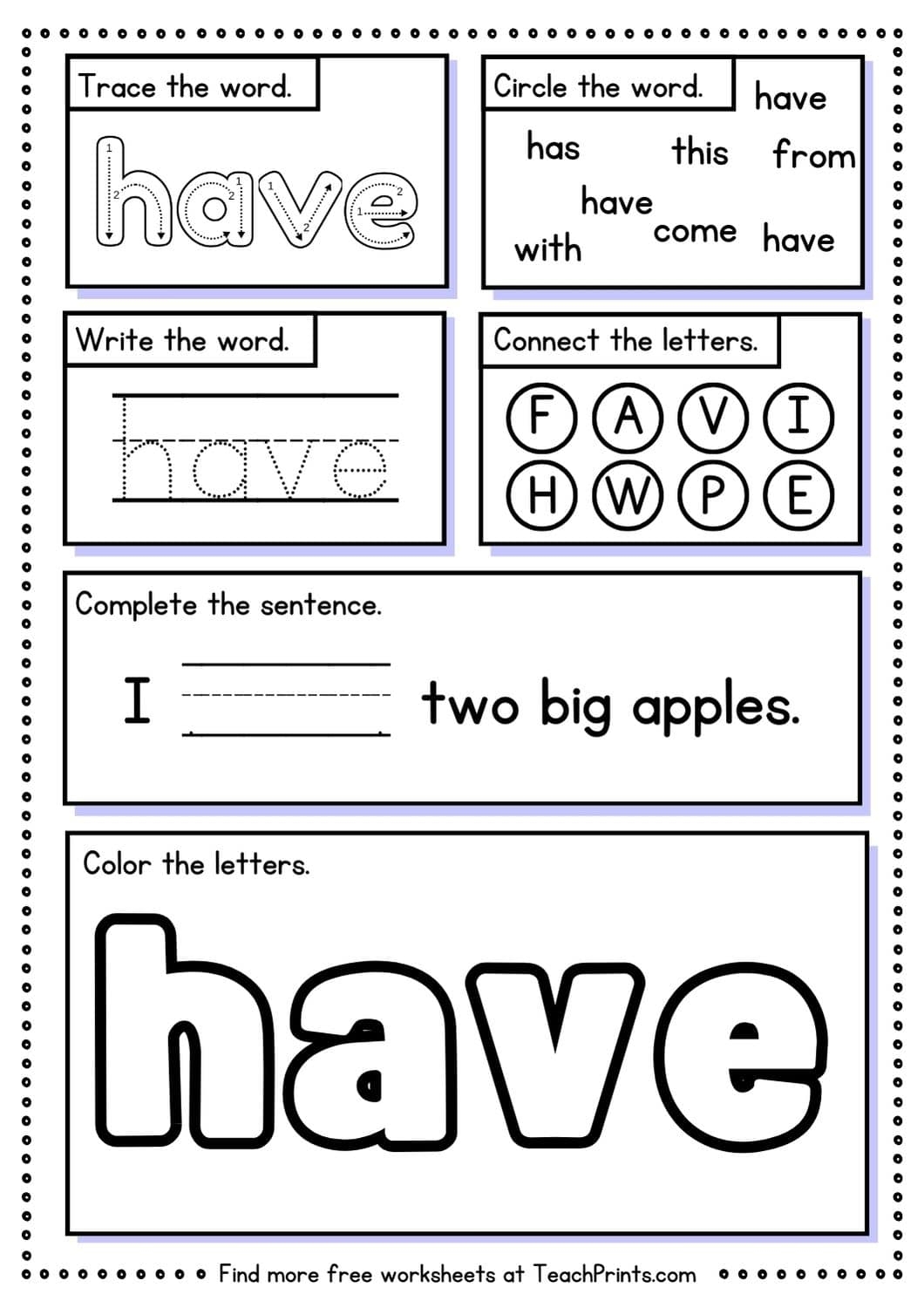 Free Sight Word Have Worksheets Teach Prints