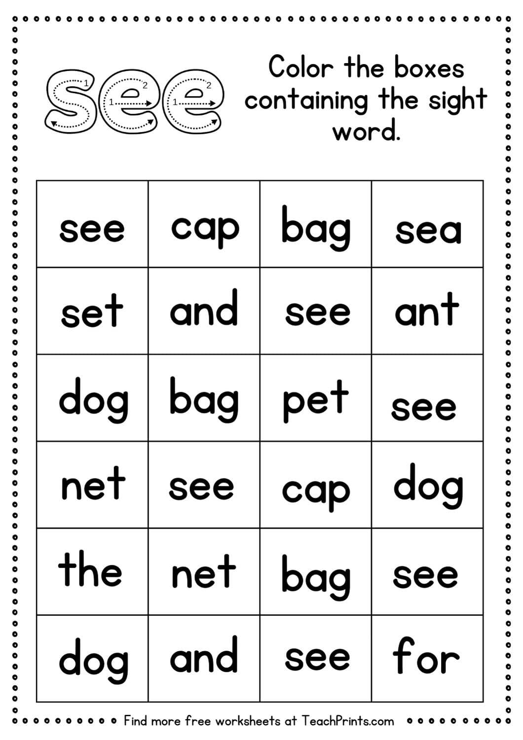 Free Sight Word See Worksheets Teach Prints
