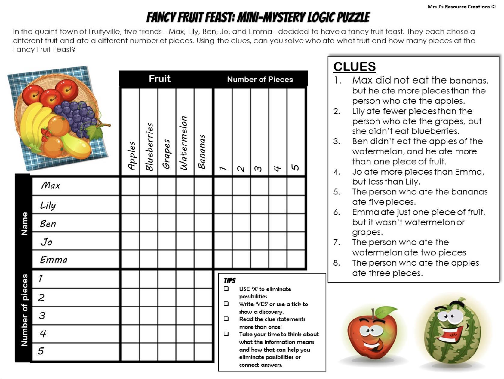 Fruit Mystery Logic Puzzle Brain Teaser Worksheet Activity Free 21 Fruit Mystery Logic Puzzle Brain Teaser Worksheet Activity Free 21
