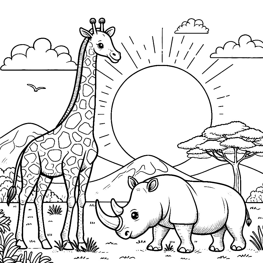 Giraffe And Rhino At Sunrise In Africa Coloring Page