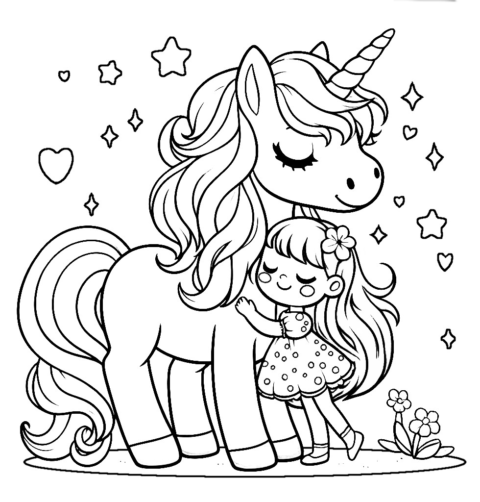 Girl Hugging Unicorn Coloring Page
