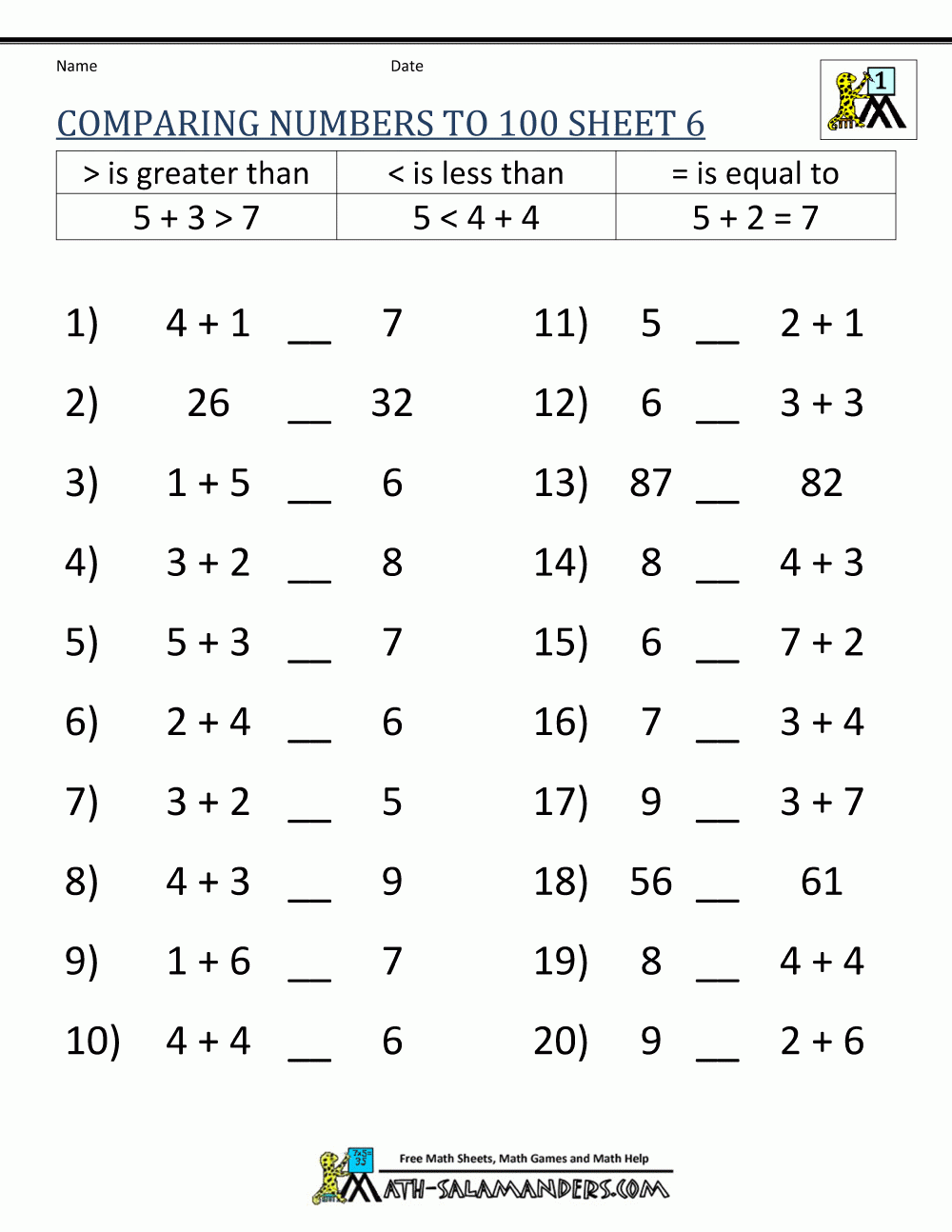 Greater Than Less Than Worksheet Comparing Numbers To 100