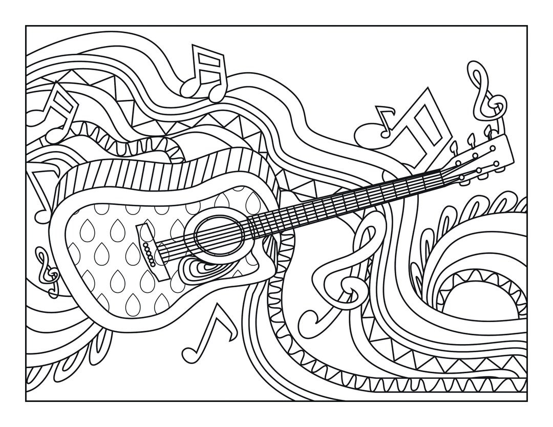 Guitar Coloring Pages For Adults 1 Printable Coloring Page Instant Download PDF Etsy