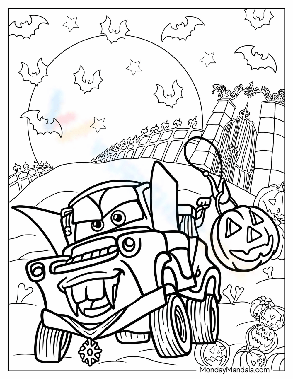 Halloween Coloring Dracula Mater And McQueen Worksheet