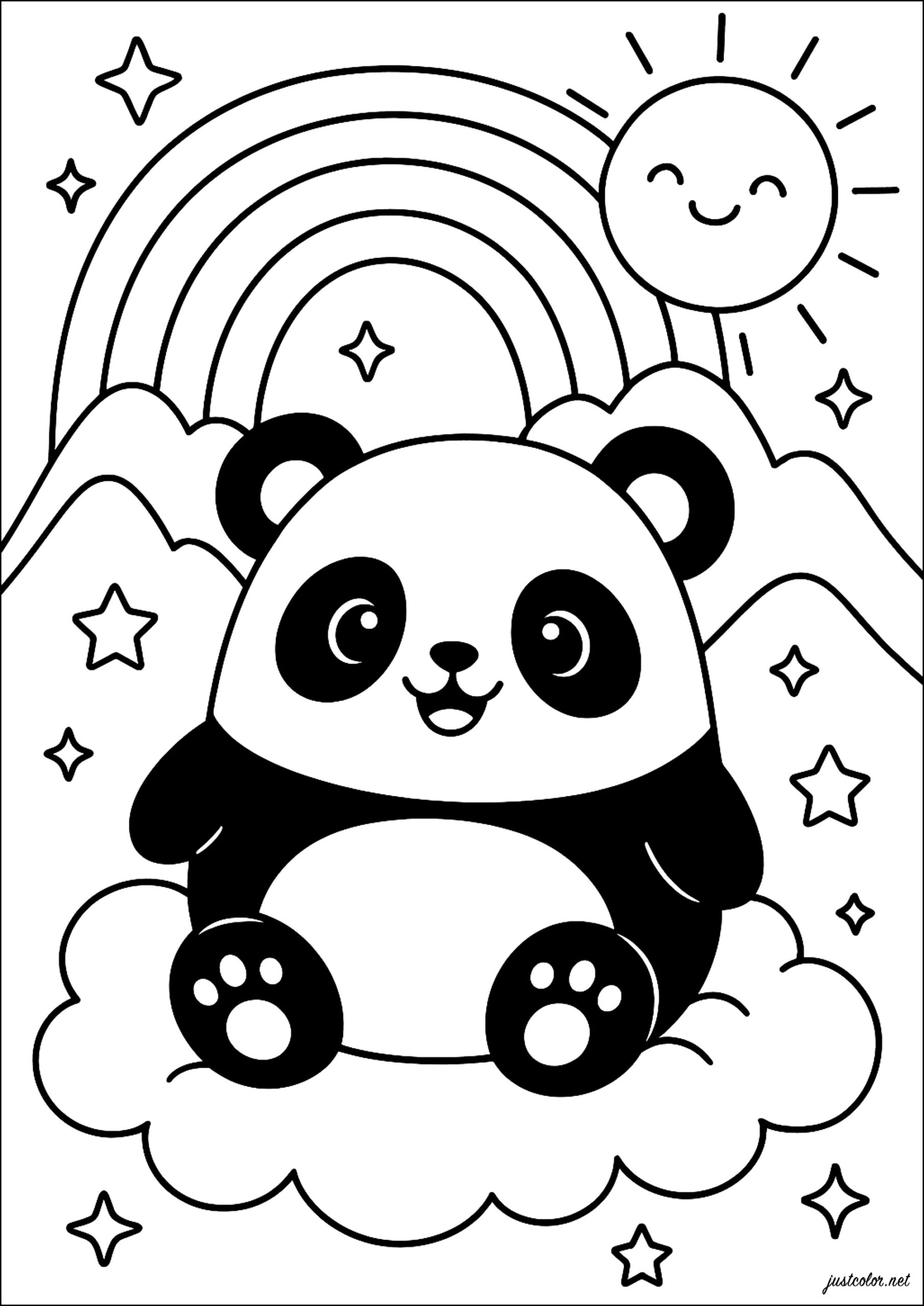 Happy Panda On A Cloud Panda Coloring Pages