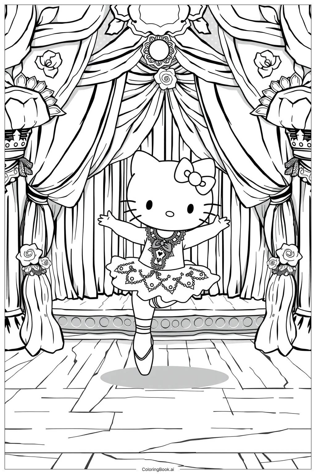 Hello Kitty Dressed As A Ballerina Coloring Page Free PDF PNG Printable 