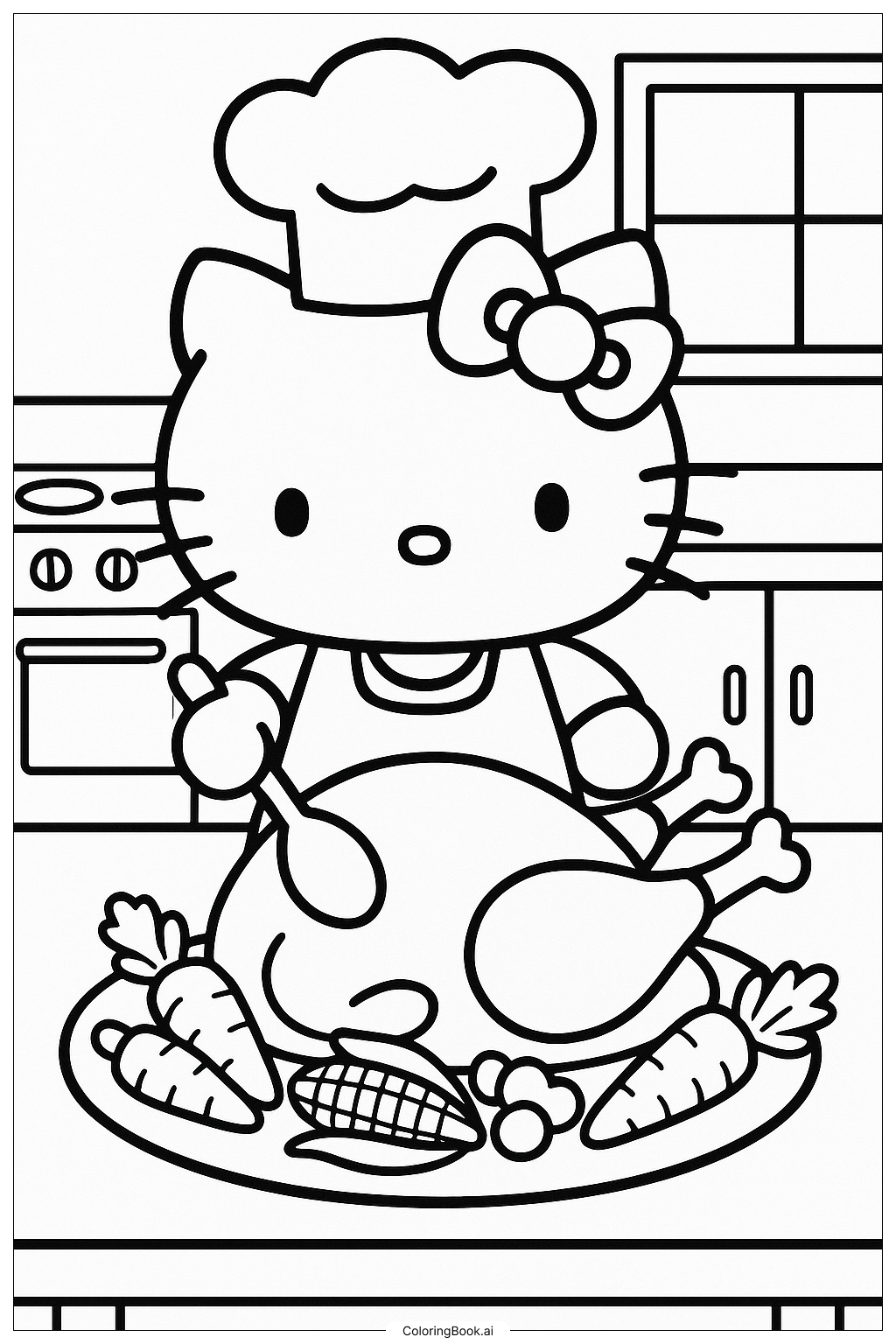 Hello Kitty Thanksgiving Cooking Dinner Coloring Page Free PDF PNG Printable 