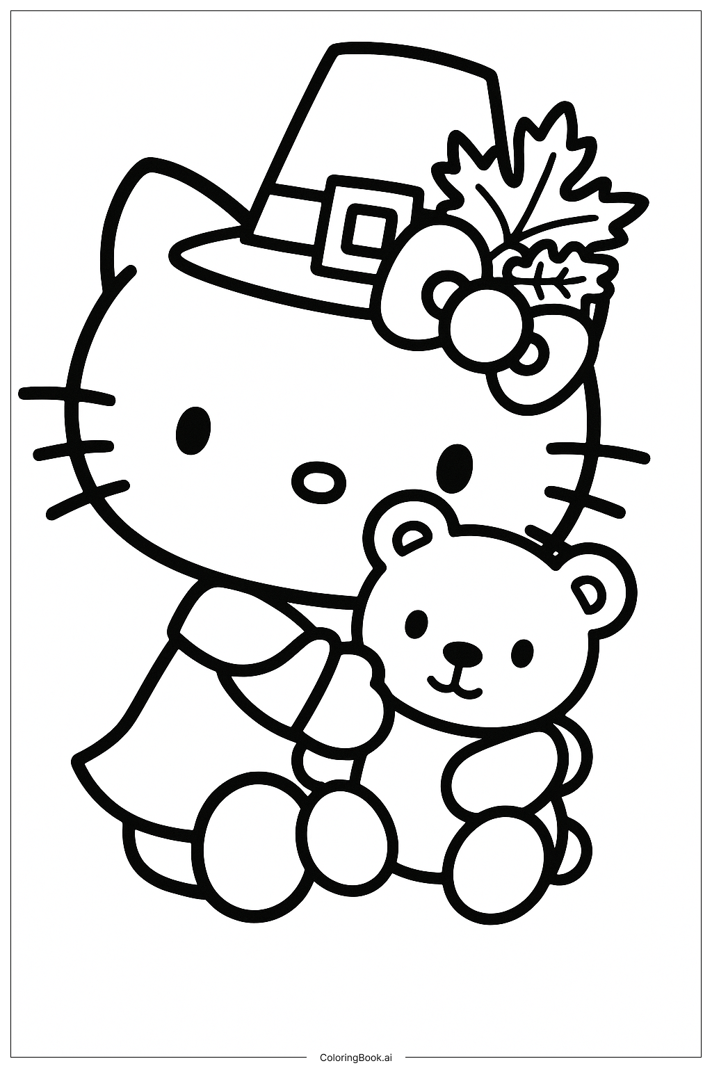 Hello Kitty Thanksgiving Hugging A Teddy Bear Coloring Page Free PDF PNG Printable 