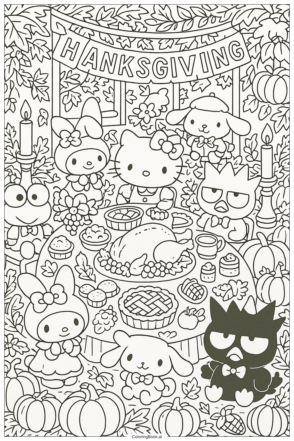 Hello Kitty Thanksgiving With All Her Friends Coloring Page Free PDF PNG Printable 