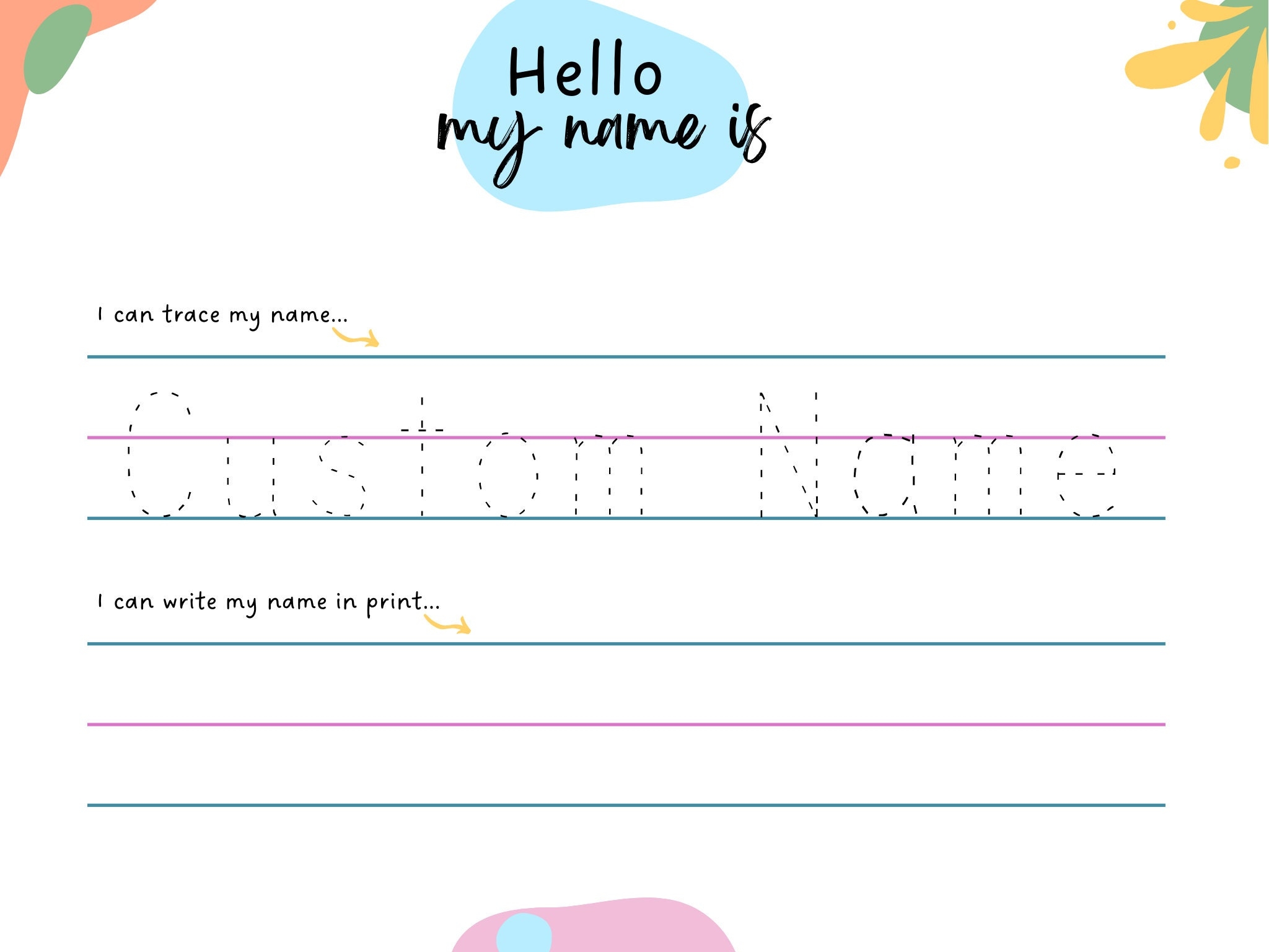 Hello My Name Is Custom Name Trace Worksheet Kids Print And Cursive Worksheet Printable PDF Etsy