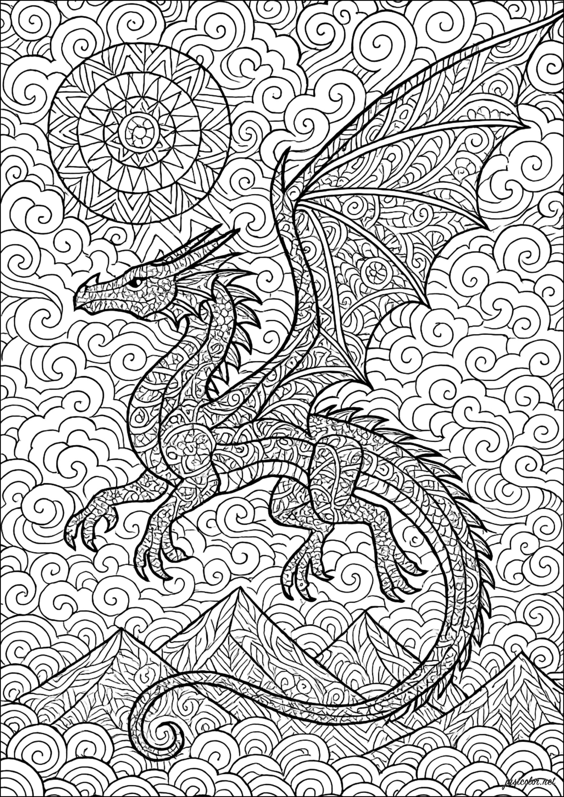 Highly Detailed Dragon In Flight Dragon Coloring Pages For Adults