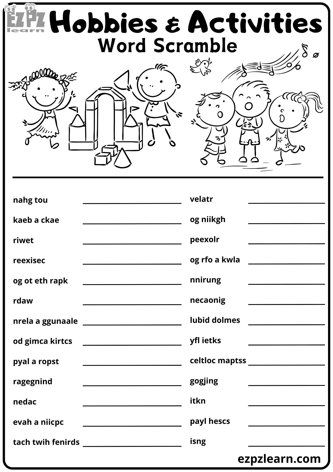 Hobbies And Free Time Activities Word Scramble Activity For Kids 26 Words Free Printable PDF Ezpzlearn Hobbies And Free Time Activities Word Scramble Activity For Kids 26 Words Free Printable PDF Ezpzlearn
