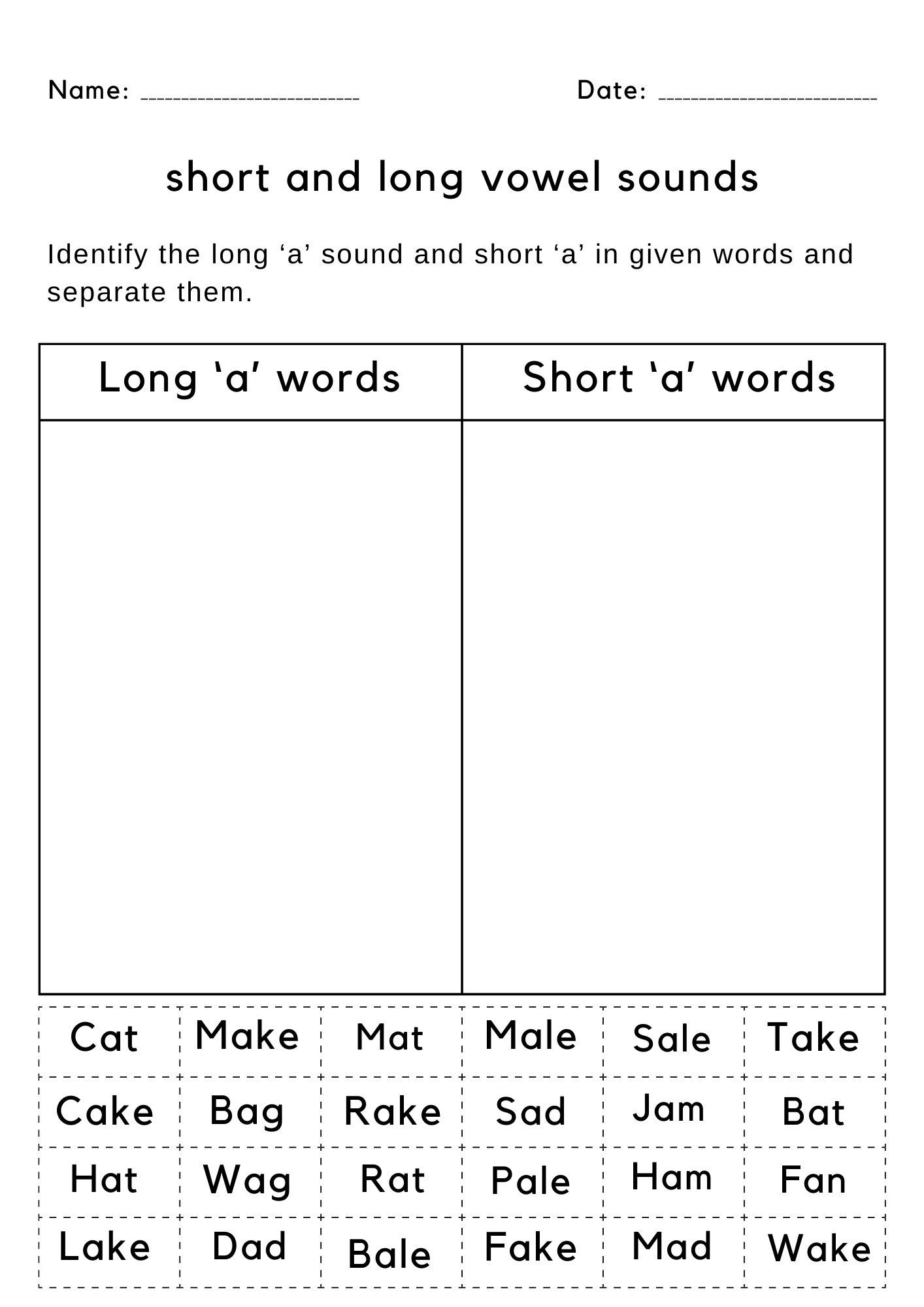 short and long a worksheets