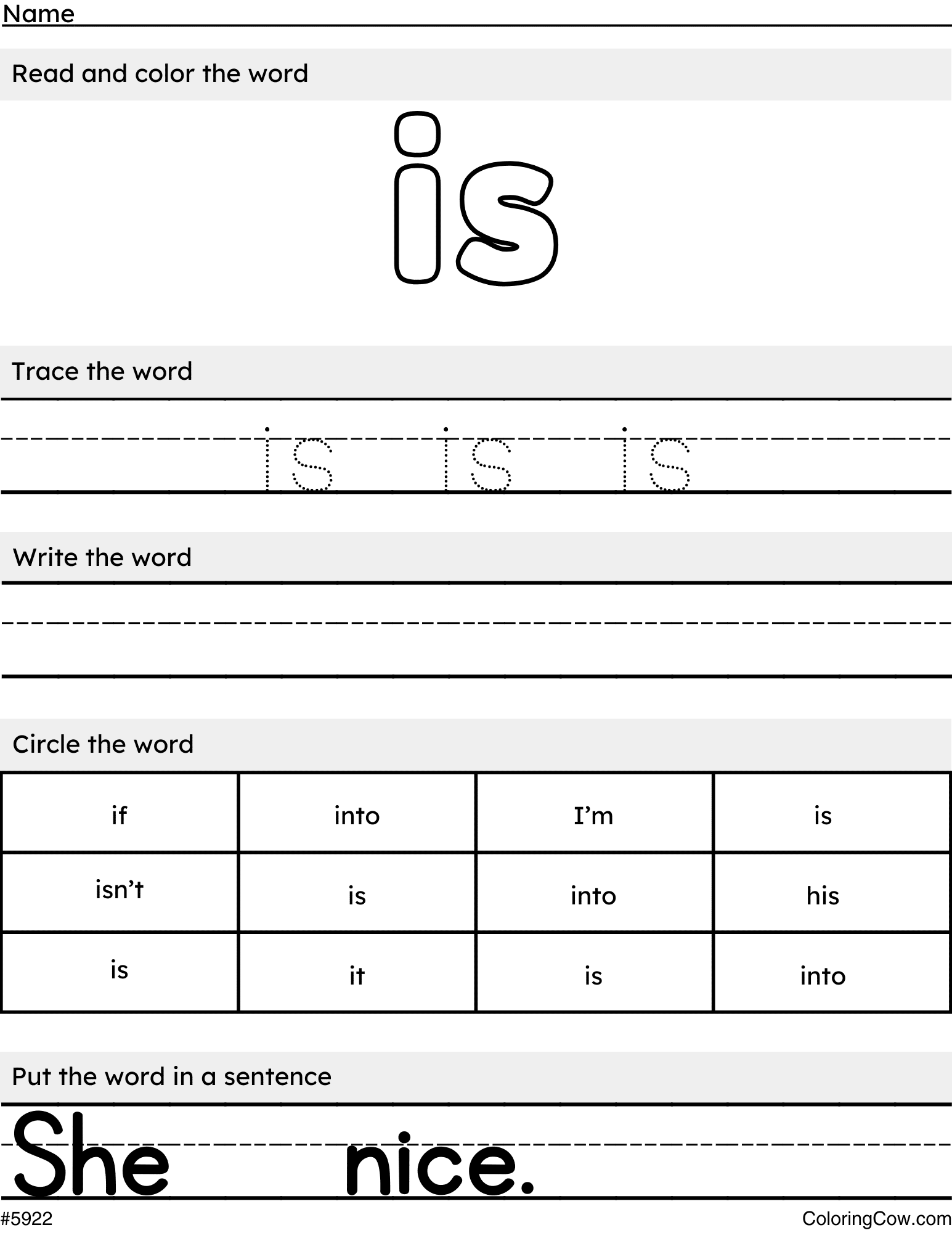 Is Sight Word Worksheet