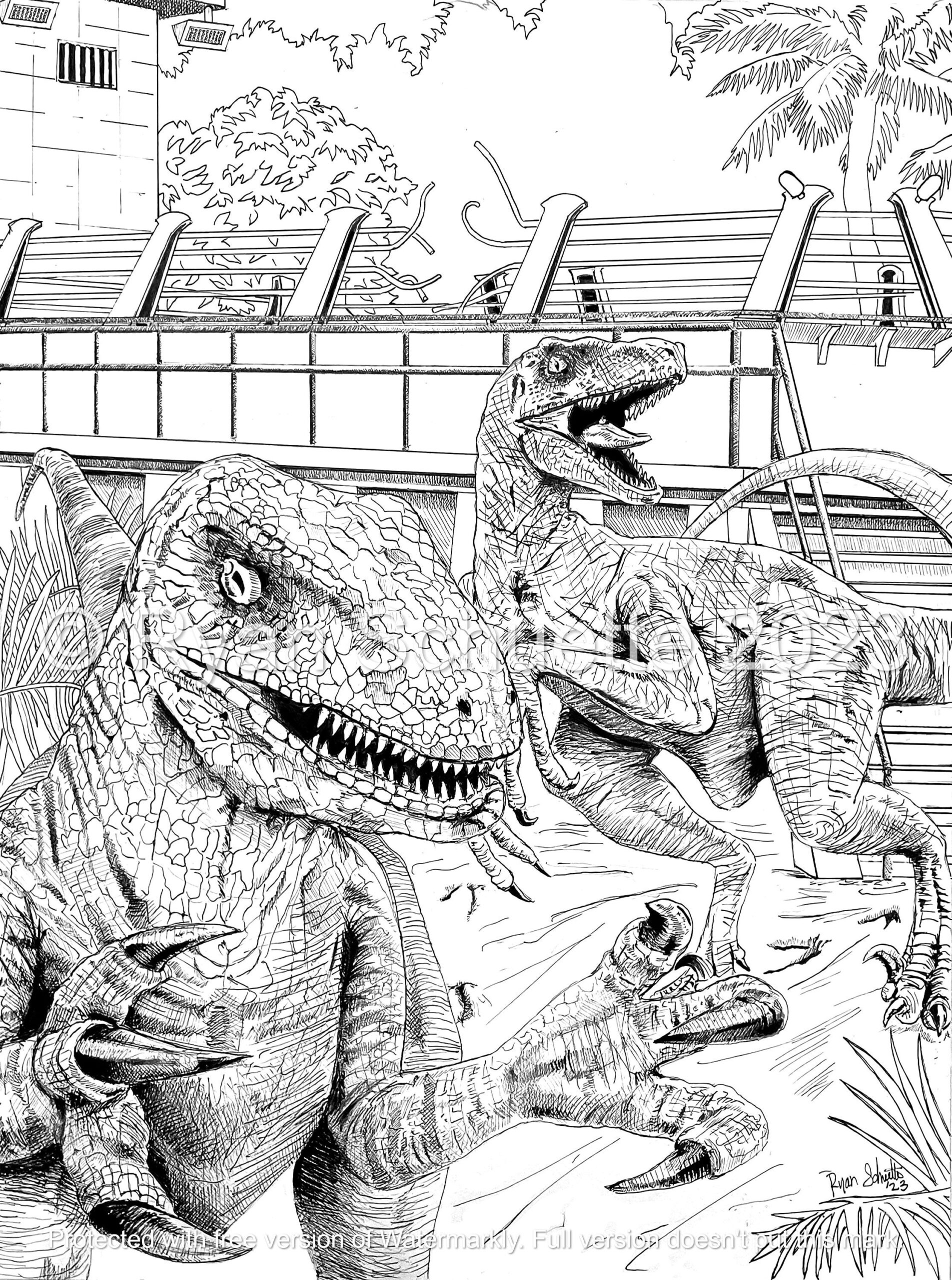 Jurassic Park Velociraptor Jurassic World Coloring Printable Adult Coloring Page Instant Download Grayscale Illustration Etsy
