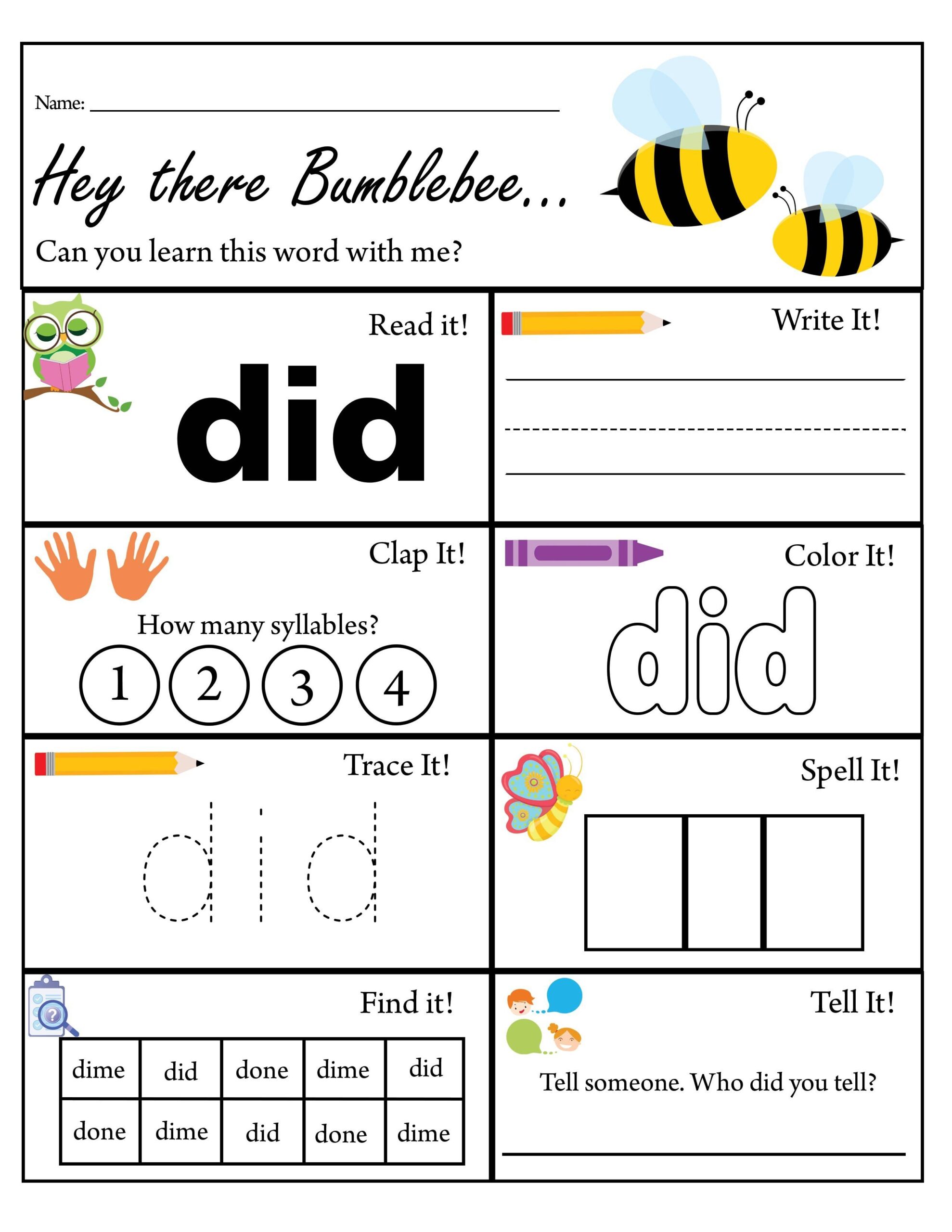 Kindergarten Sight Word Did Worksheet Dolch Sight Words TPT