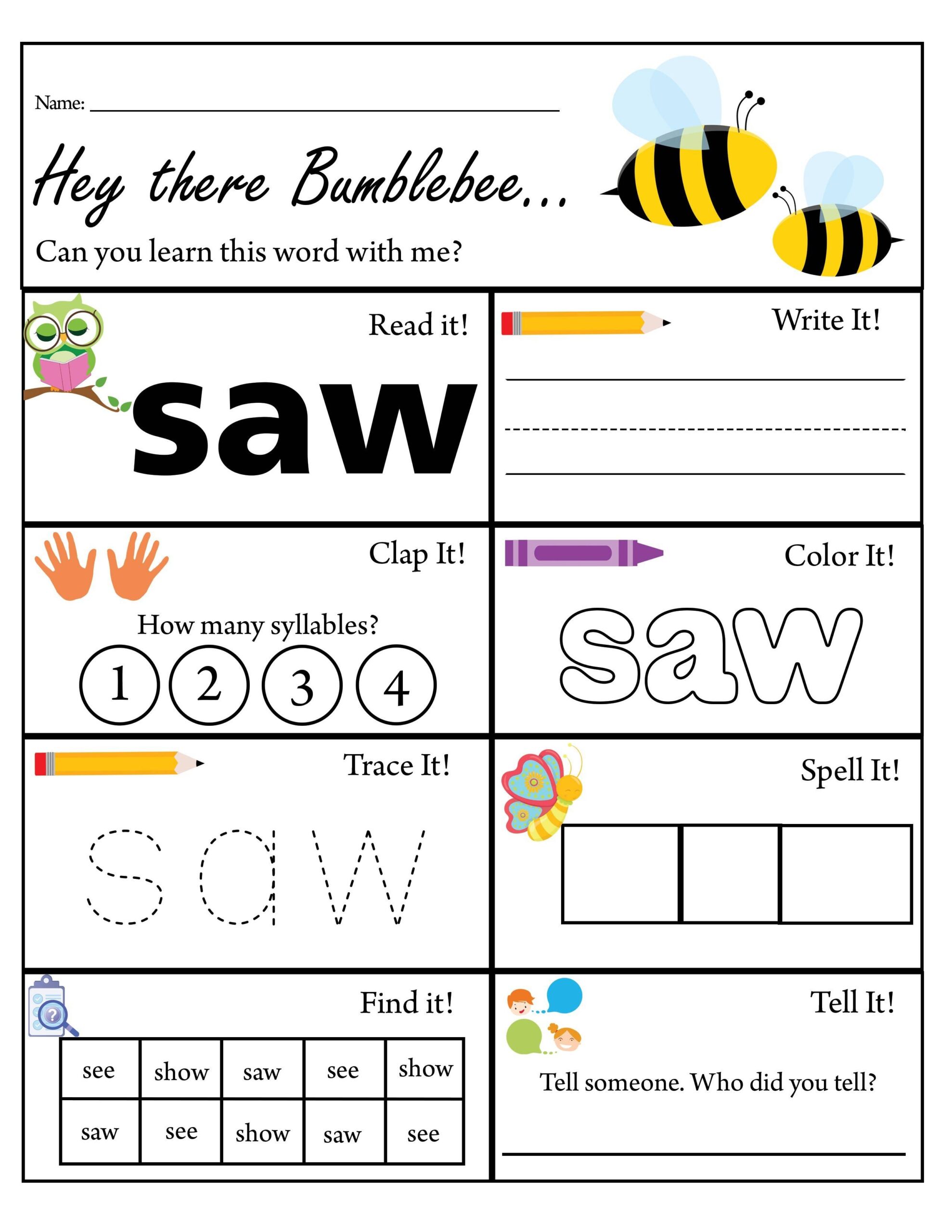 Kindergarten Sight Word Saw Worksheet Dolch Sight Words TPT