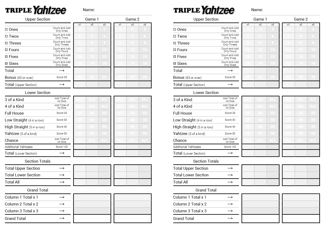 triple yahtzee score sheets triple yahtzee score sheets