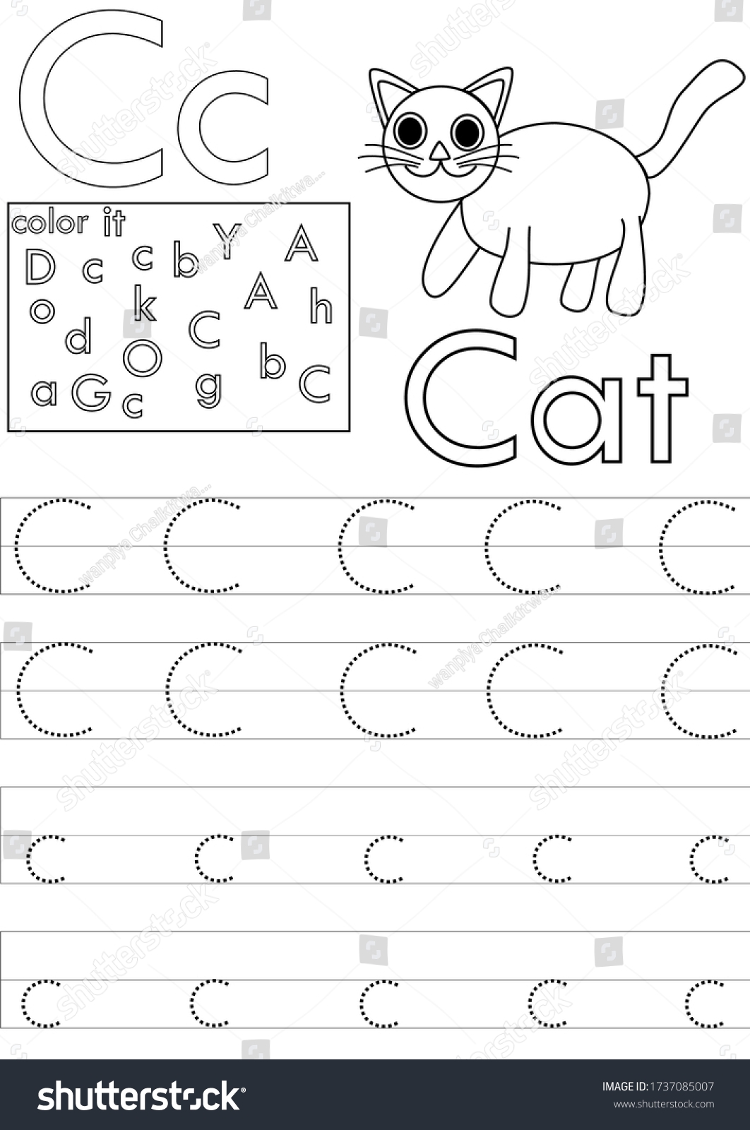 Letter C Worksheet Kindergartenalphabet Tracing Sheet Stock Vector Royalty Free 1737085007 Shutterstock