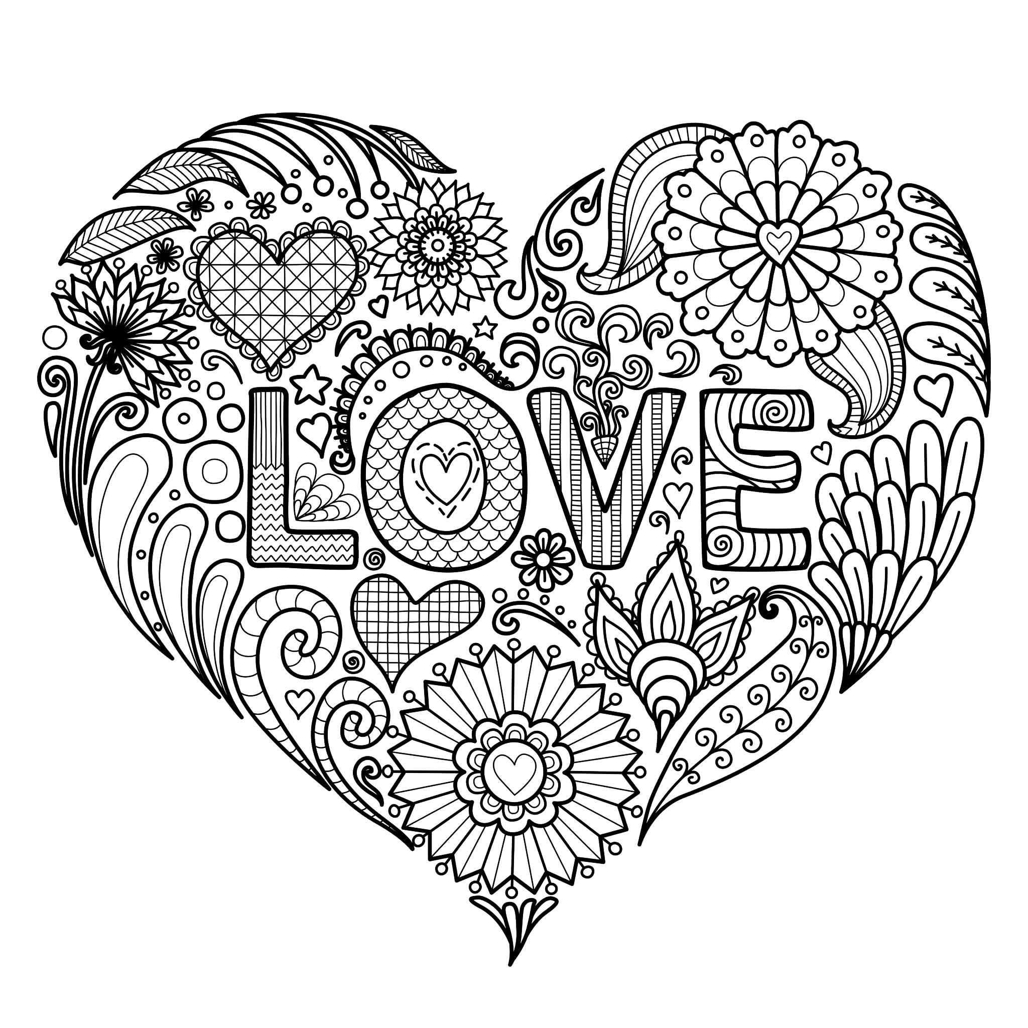 Love Text In Heart Shape Valentine s Day Coloring Pages For Adults