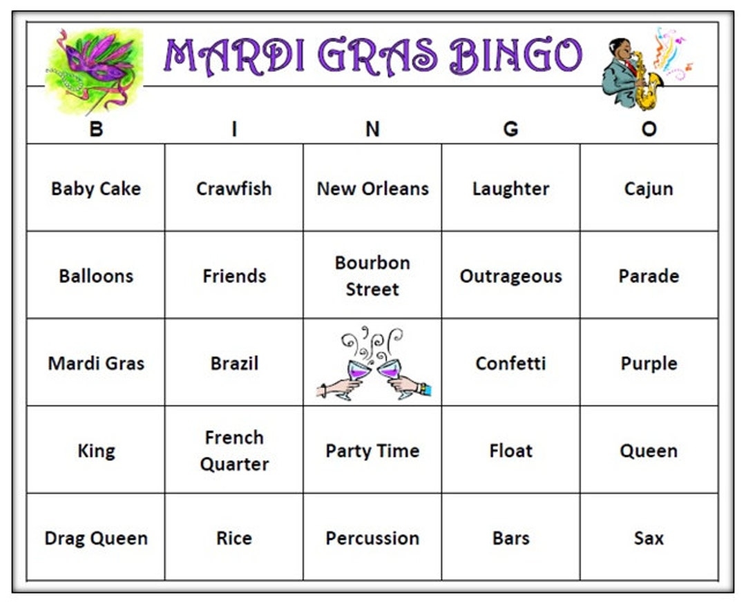 Mardi Gras Bingo Colorful Fun Game For Your Fat Tuesday Celebration Downloadable Print And Play Includes 60 Unique Cards Etsy