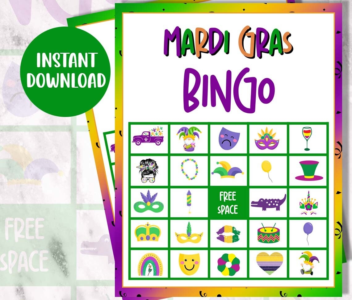 Mardi Gras Bingo Printable Bingo Printable Mardi Gras Games Game For Kids Mardi Gras Activity Kids Mardi Gras Party Game Etsy
