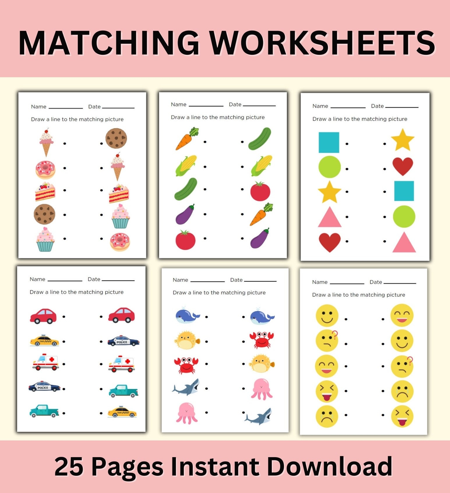 Matching Worksheets Match The Picture Kindergarten Preschool Activity Busybook Educational Pages Etsy