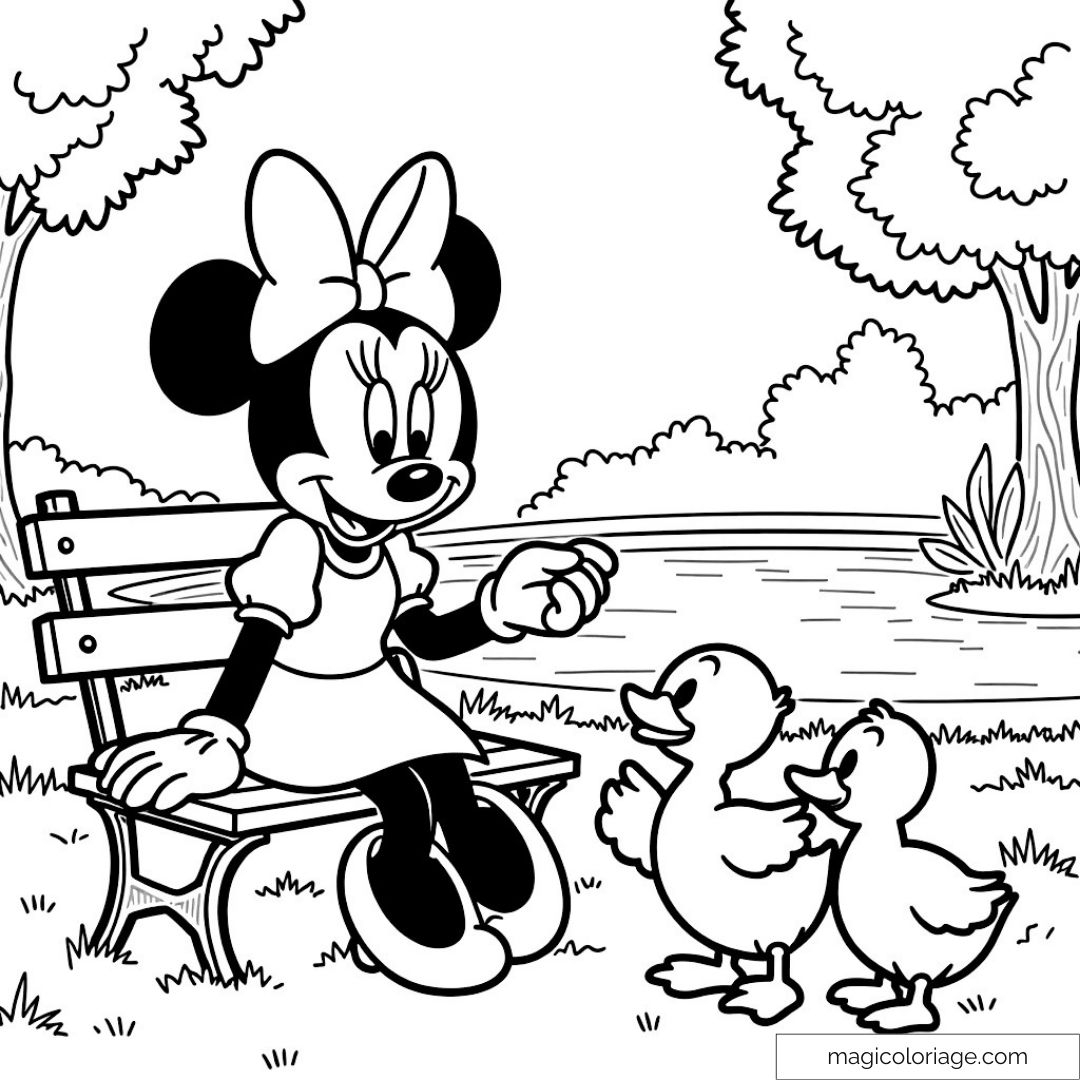 Minnie And Ducklings At The Children s Park Coloring Page