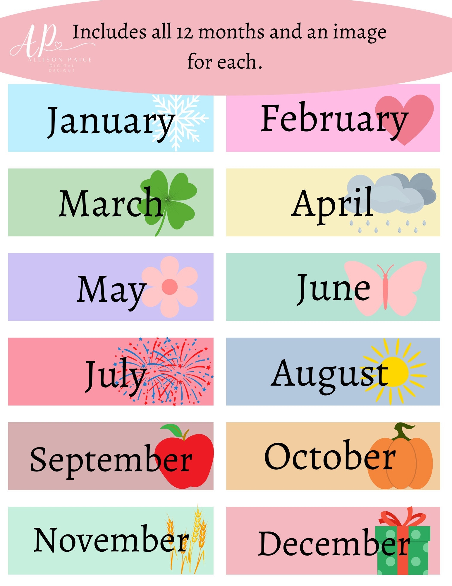 Months Of The Year Digital Download Printable Etsy