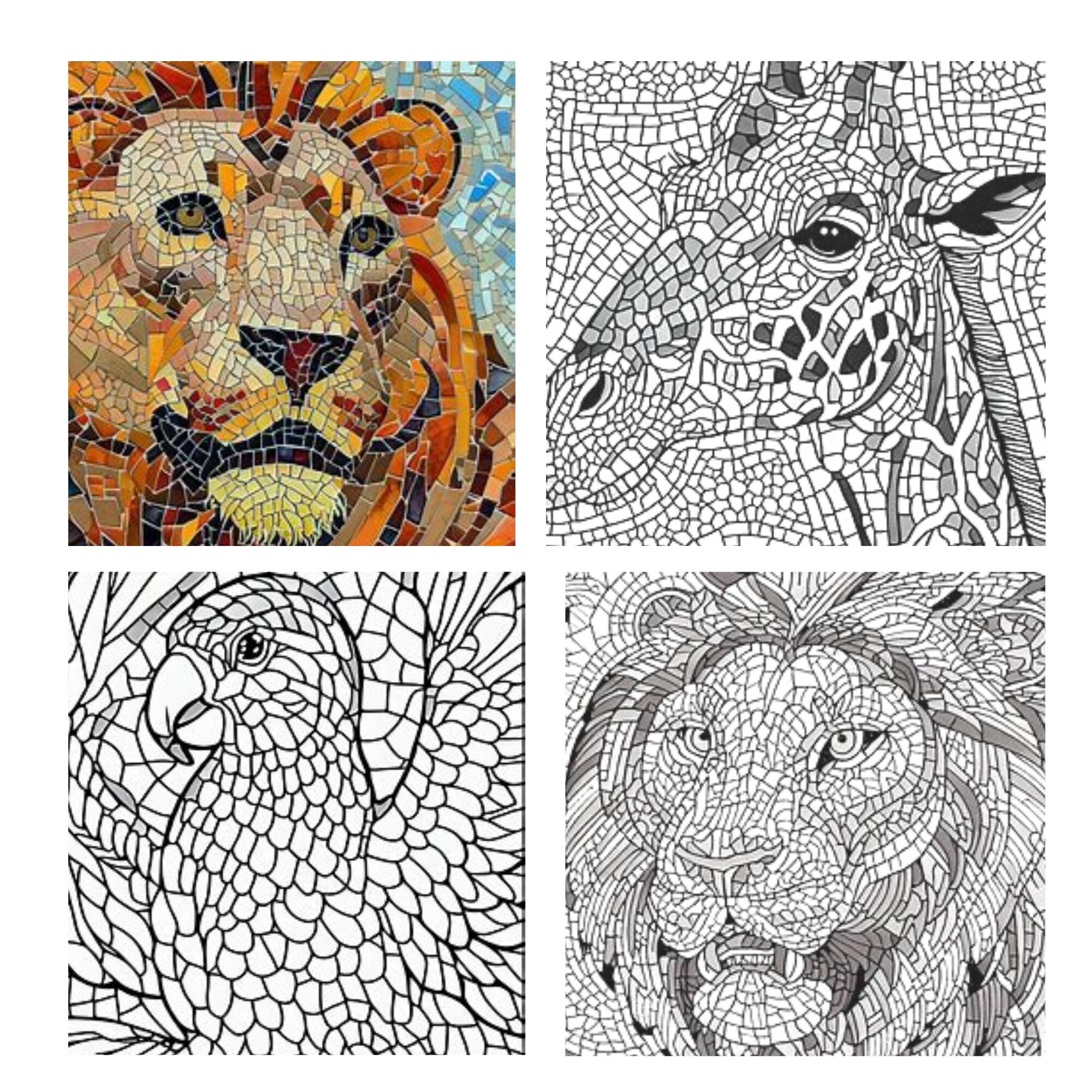 Mosaic Animals Coloring Pages For Adults Etsy