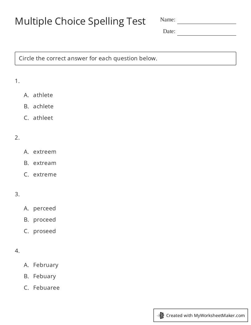 Multiple Choice Spelling Test My Worksheet Maker Create Your Own Worksheets