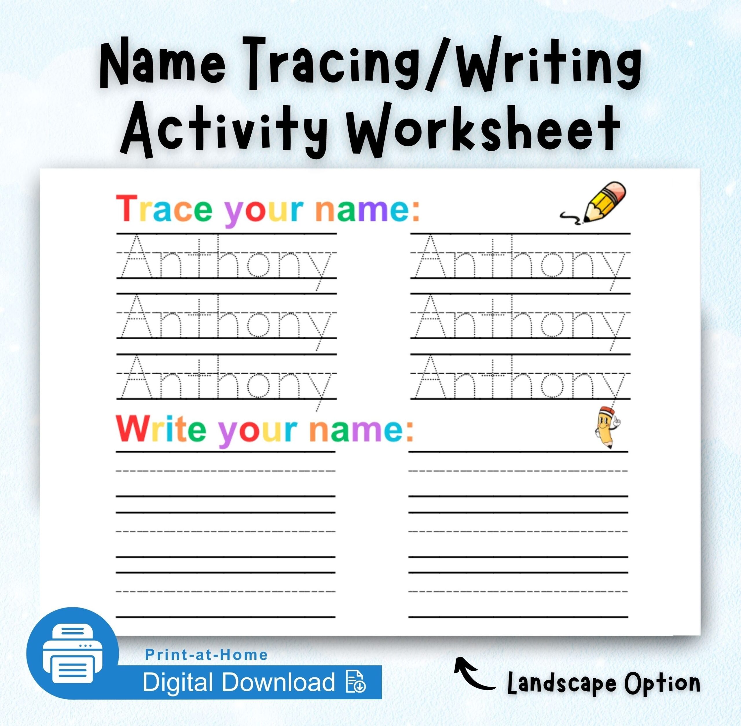 Name Tracing Writing Activity Worksheet Personalized Custom Name Trace Sheet Preschool Homeschool Kindergarten First Grade Handwriting
