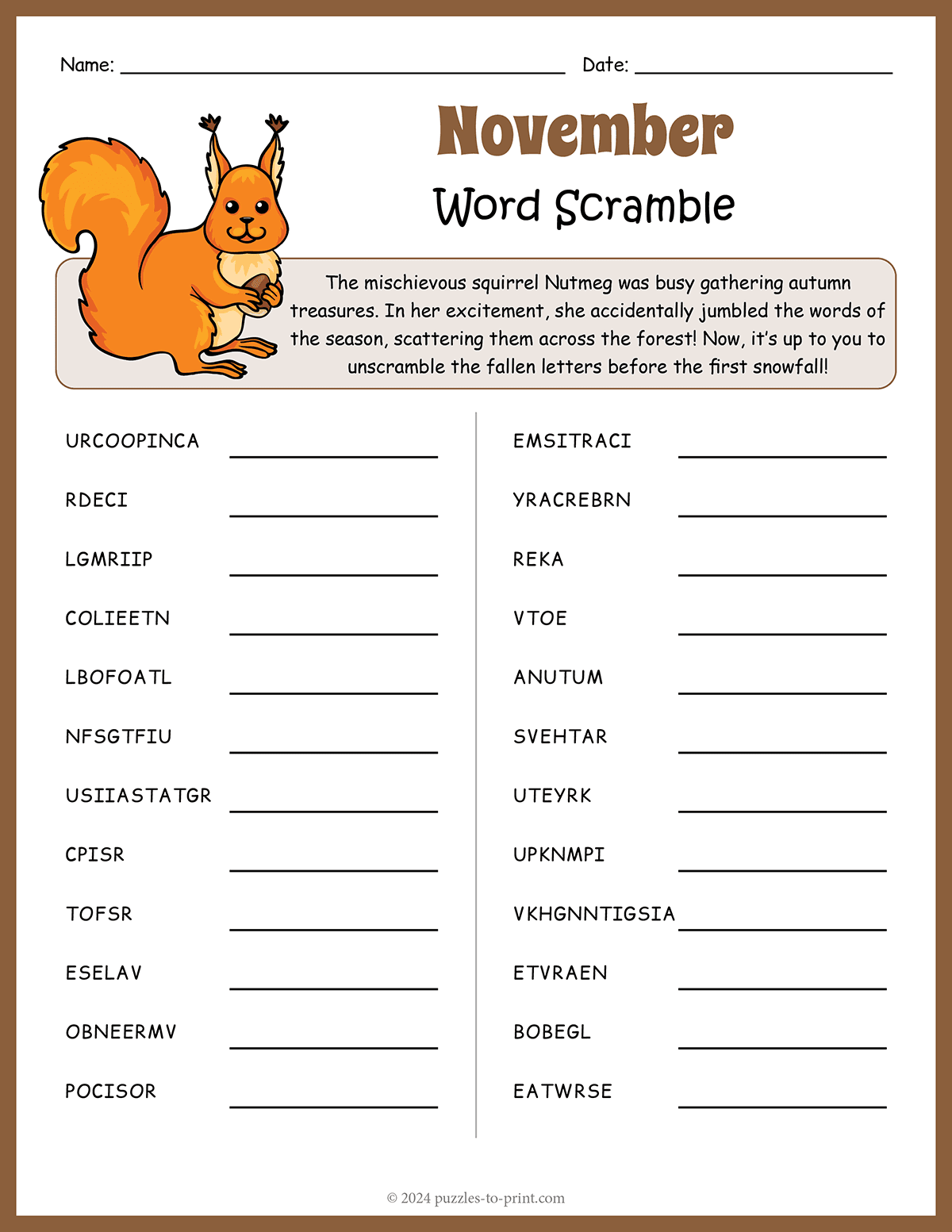 November Word Scramble November Word Scramble