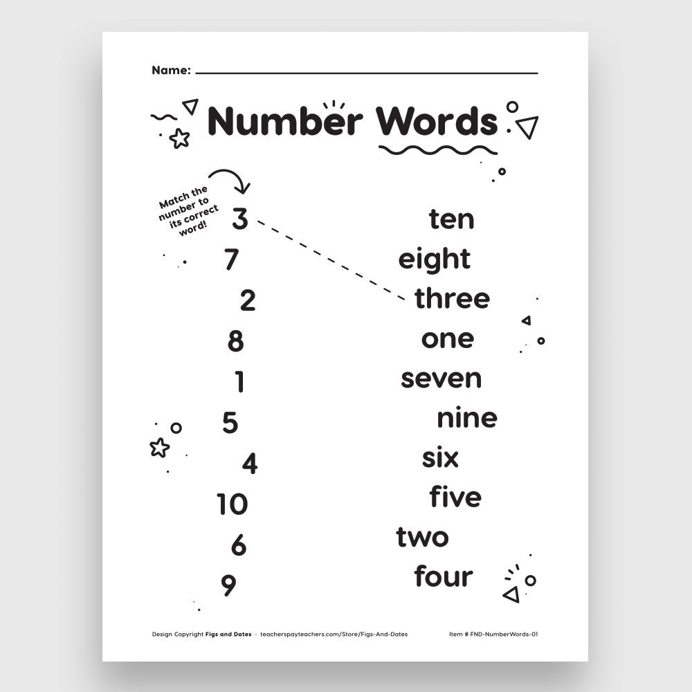 Number Words Matching Printable Worksheet Grades Pre k To 2nd Etsy