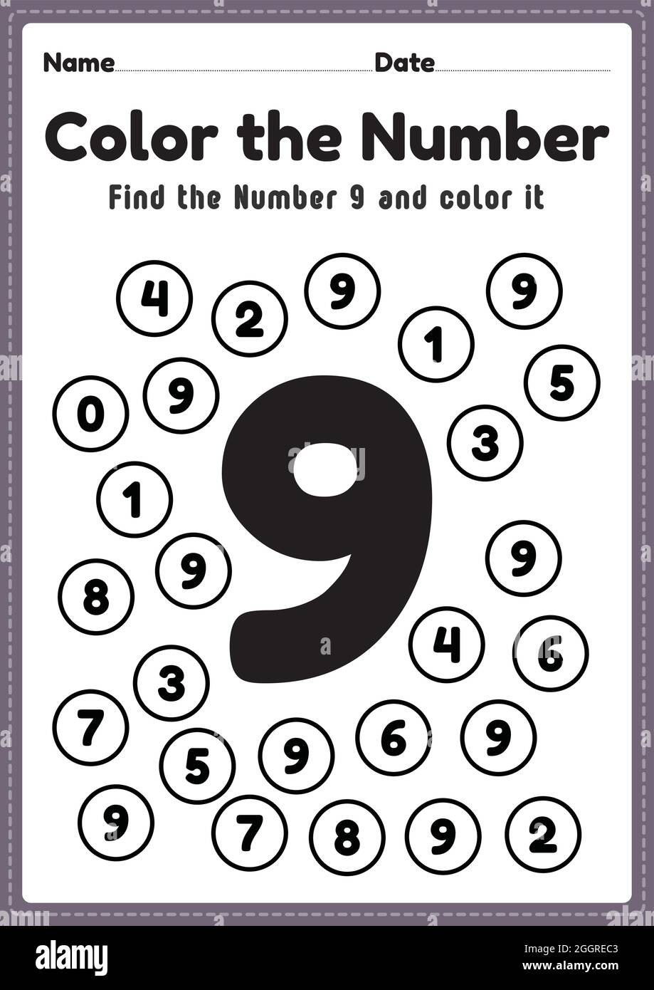 Number Worksheets For Preschool Number 9 Coloring Math Activities For Kindergarten Kids To Learn Basic Mathematics Skills In A Printable Page Stock Vector Image Art Alamy