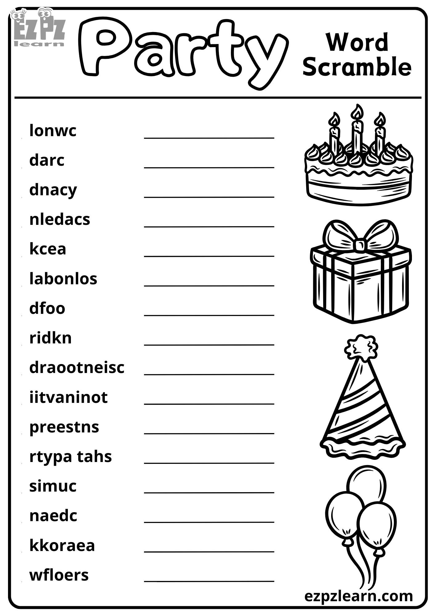 Party Word Scramble 16 Words Vocabulary Activity For Kids Free Printable PDF Ezpzlearn Party Word Scramble 16 Words Vocabulary Activity For Kids Free Printable PDF Ezpzlearn