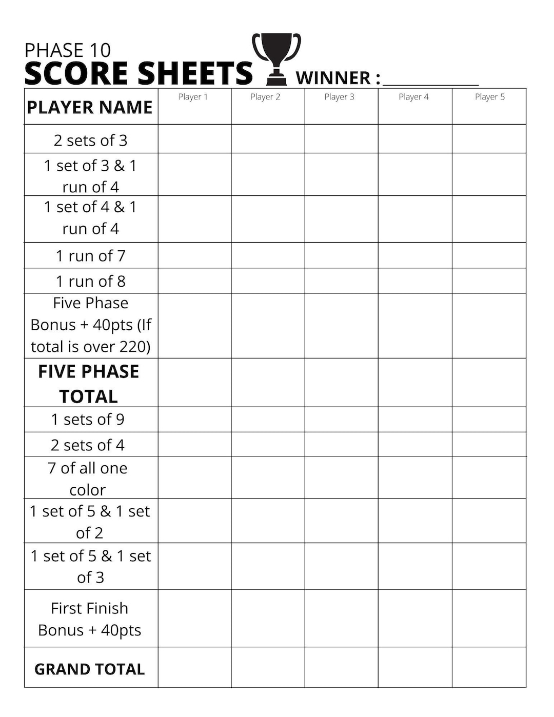 Phase 10 Scoreboard Score Sheet Printable PDF Etsy