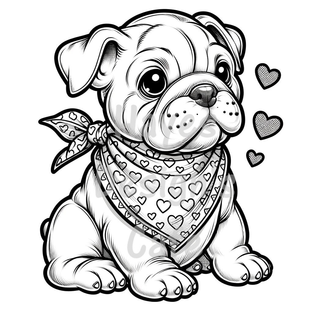 Pitbull Puppy Coloring Page Hearts Bandana Dog Line Art digital Download Etsy