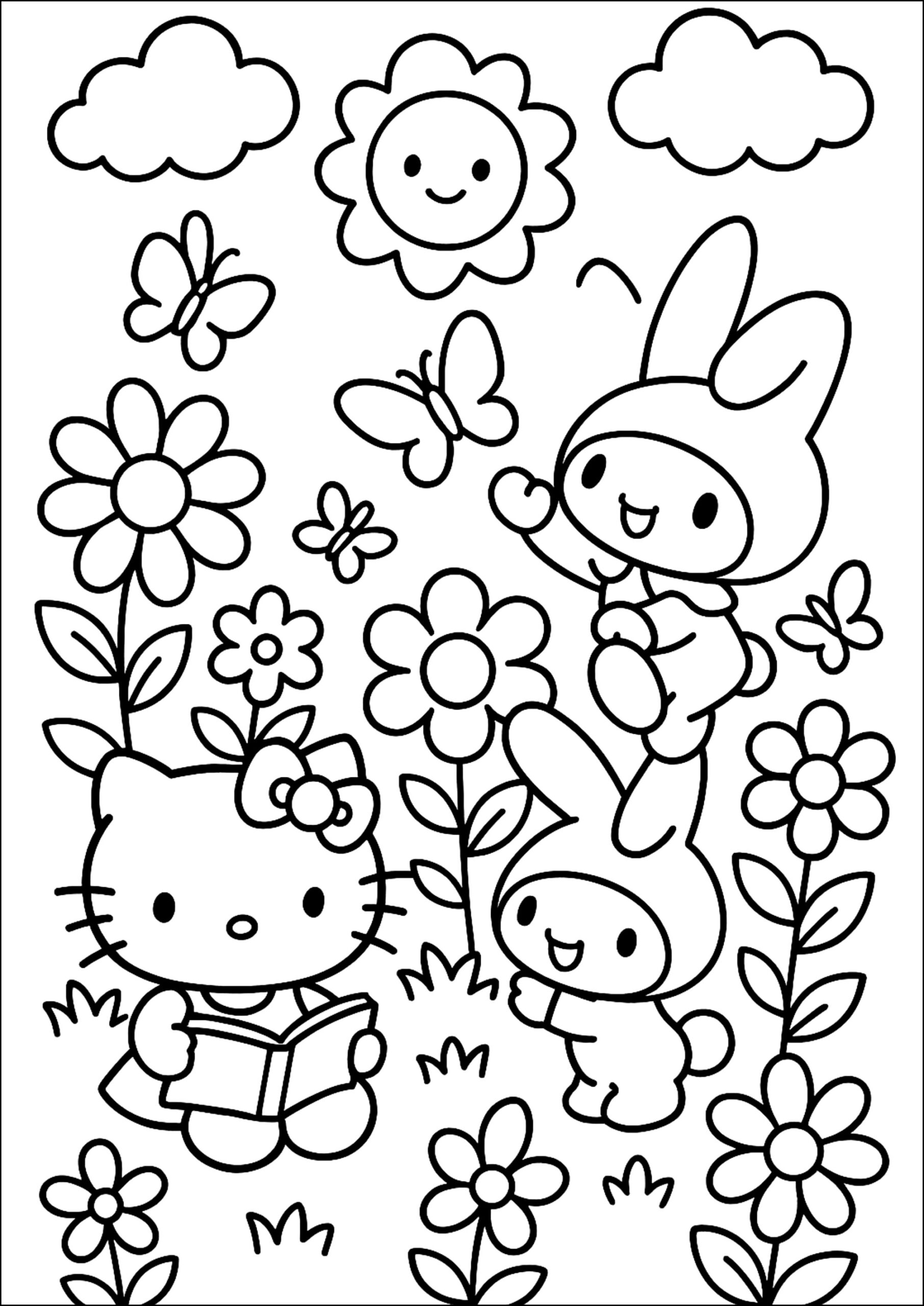 Playful Friends In A Flower Garden Sanrio Coloring Pages
