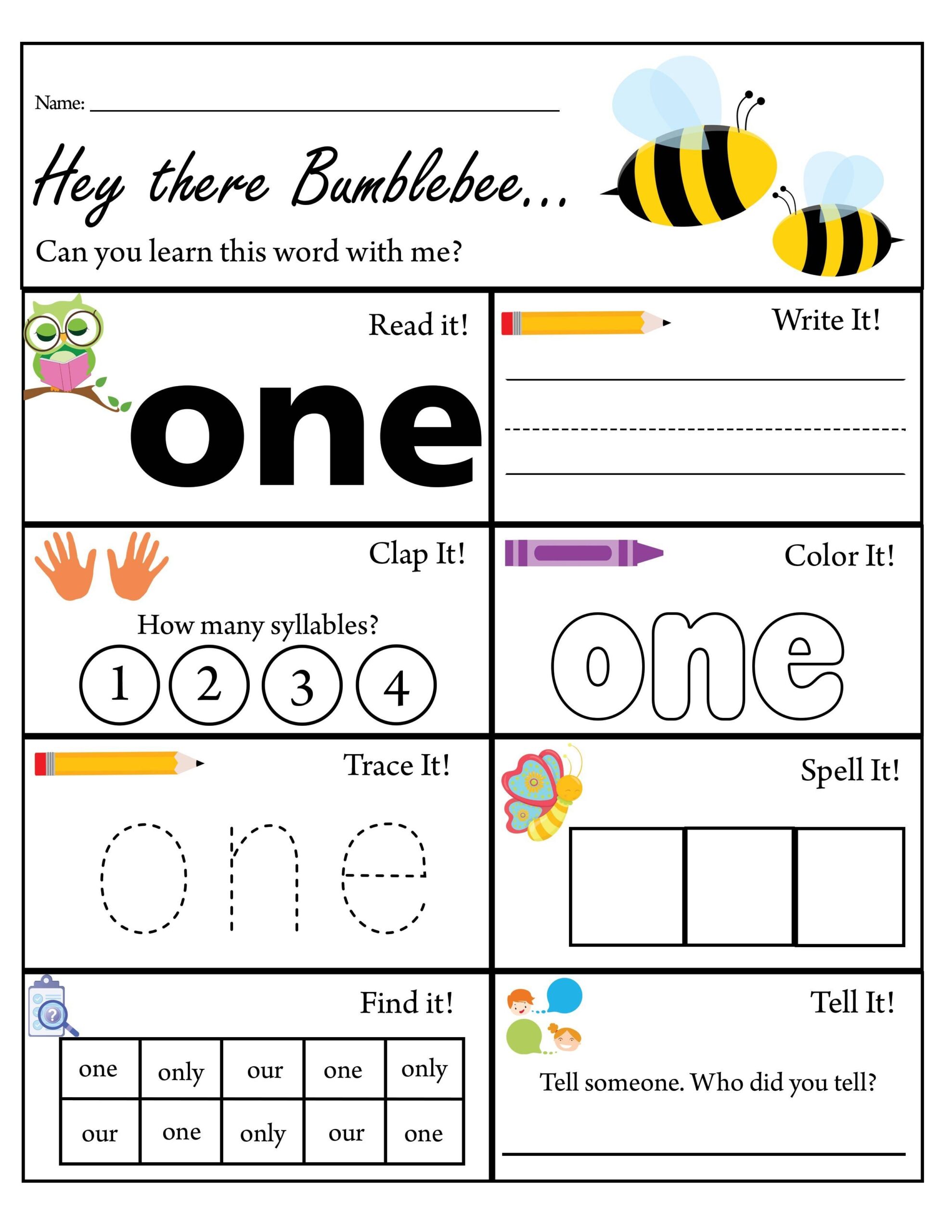 Pre K Sight Word One Worksheet Dolch Sight Words TPT