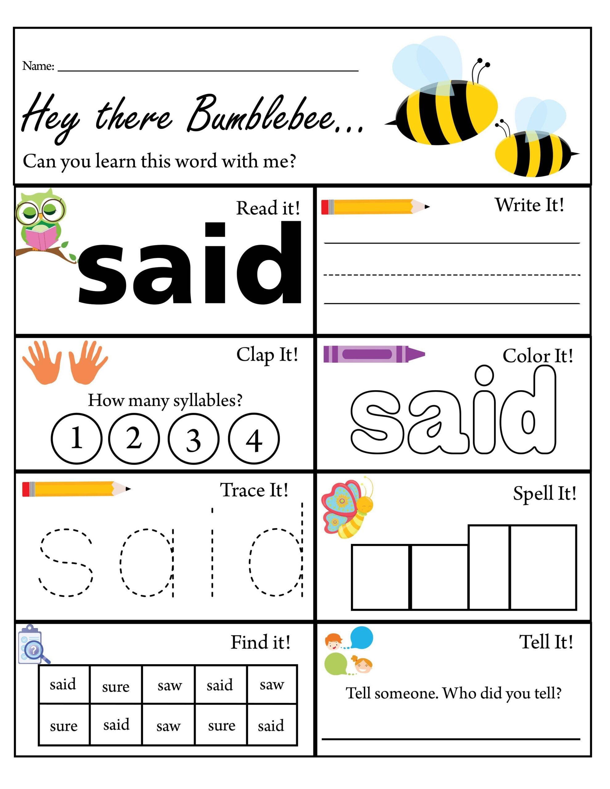 Pre K Sight Word Said Worksheet Dolch Sight Words TPT