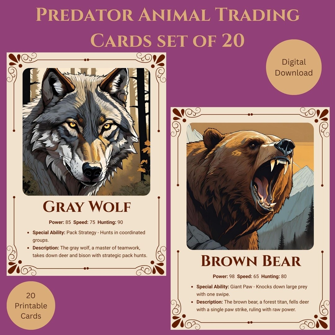 Predator Animal Trading Cards Wild Kings Card Game printable PDF Etsy
