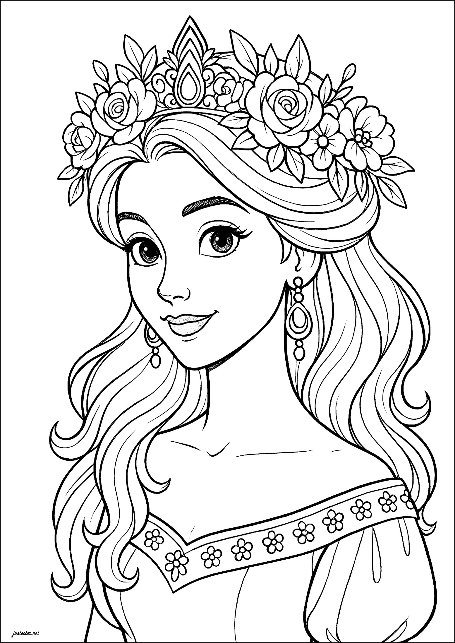 Pretty Princess With Flower Crown Princess Coloring Pages