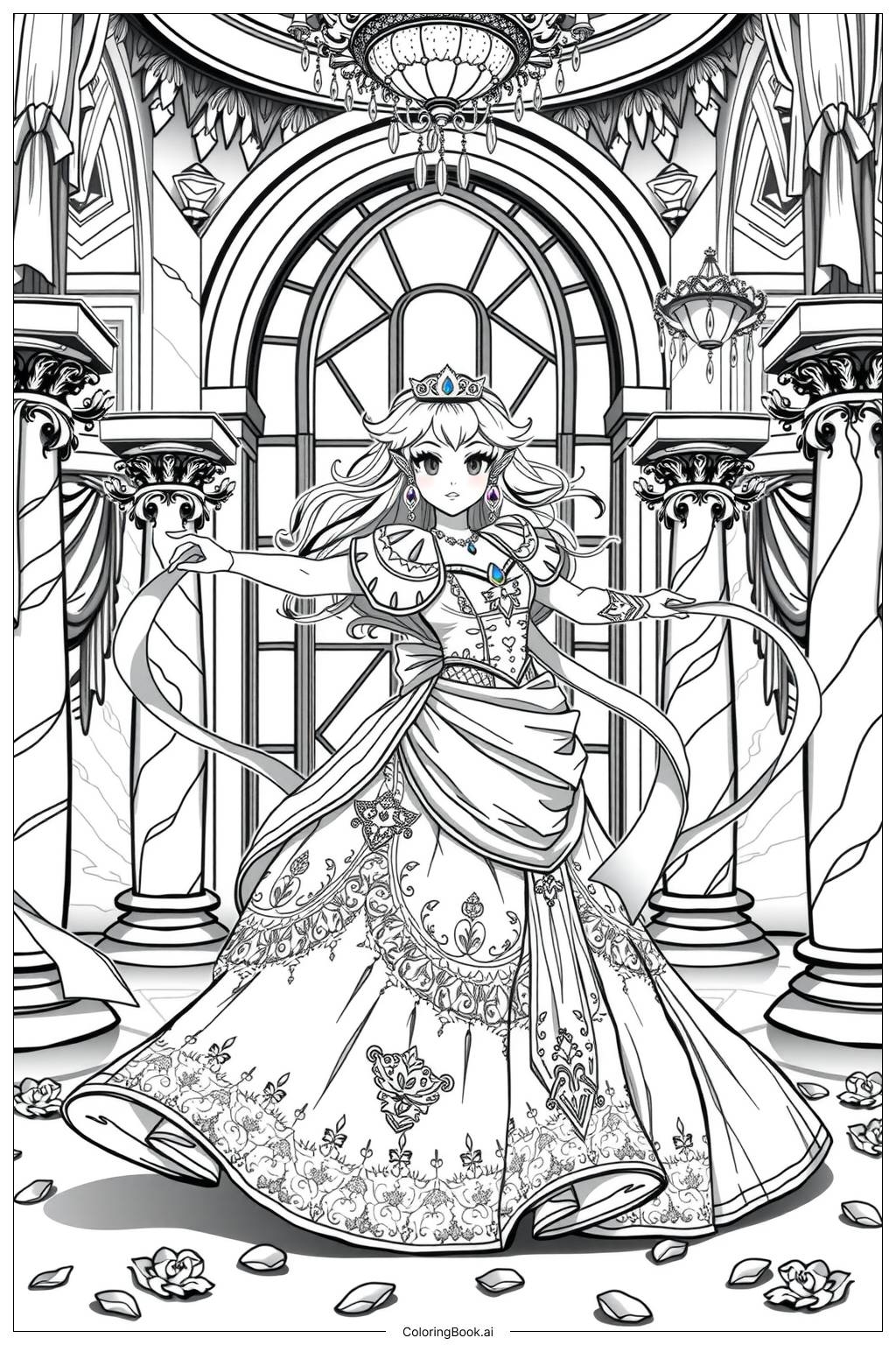 Princess Peach Dancing At Her Royal Wedding Coloring Page Free PDF PNG Printable 