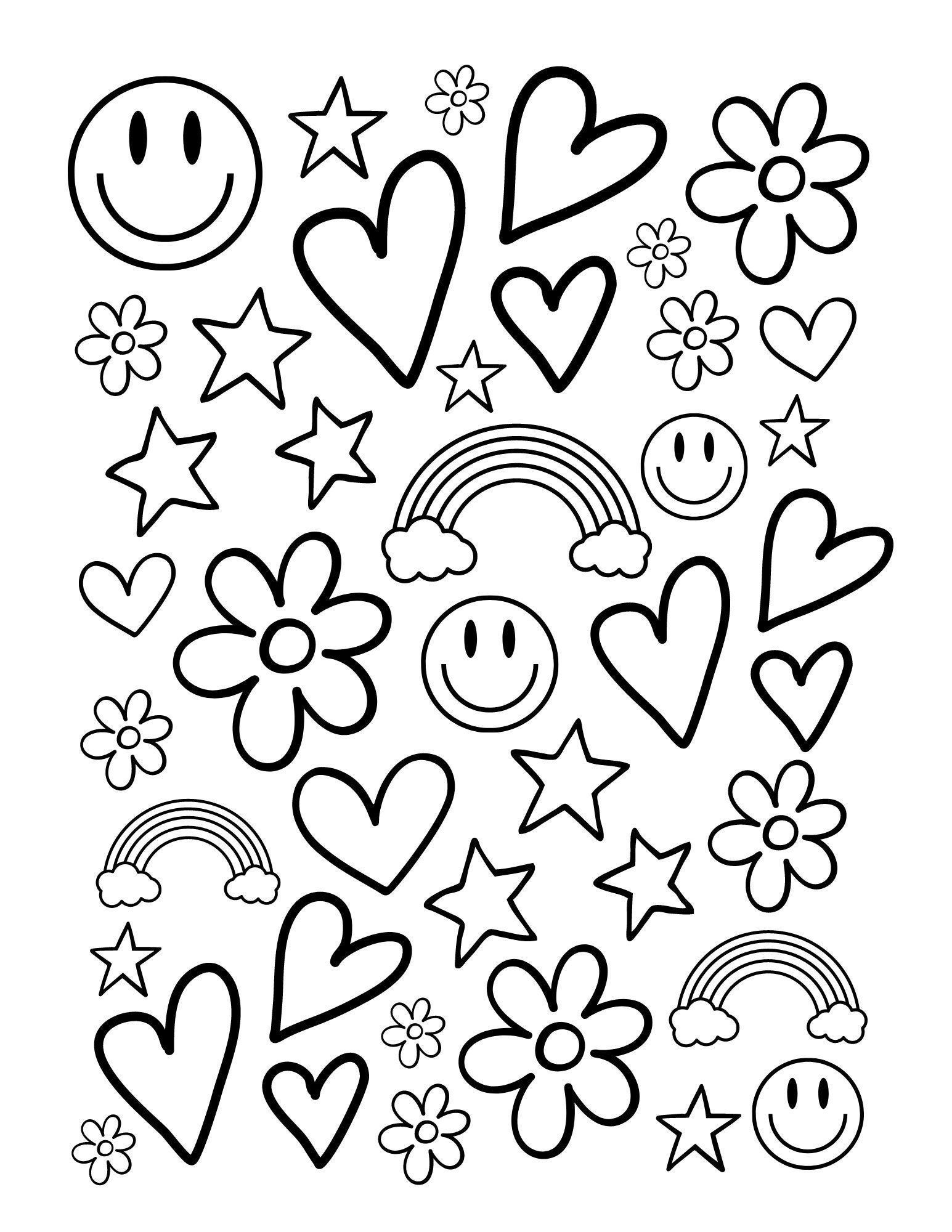 Printable Coloring Page Fun Simple Cute Smiley Faces Rainbows Hearts Adults Teens Kids