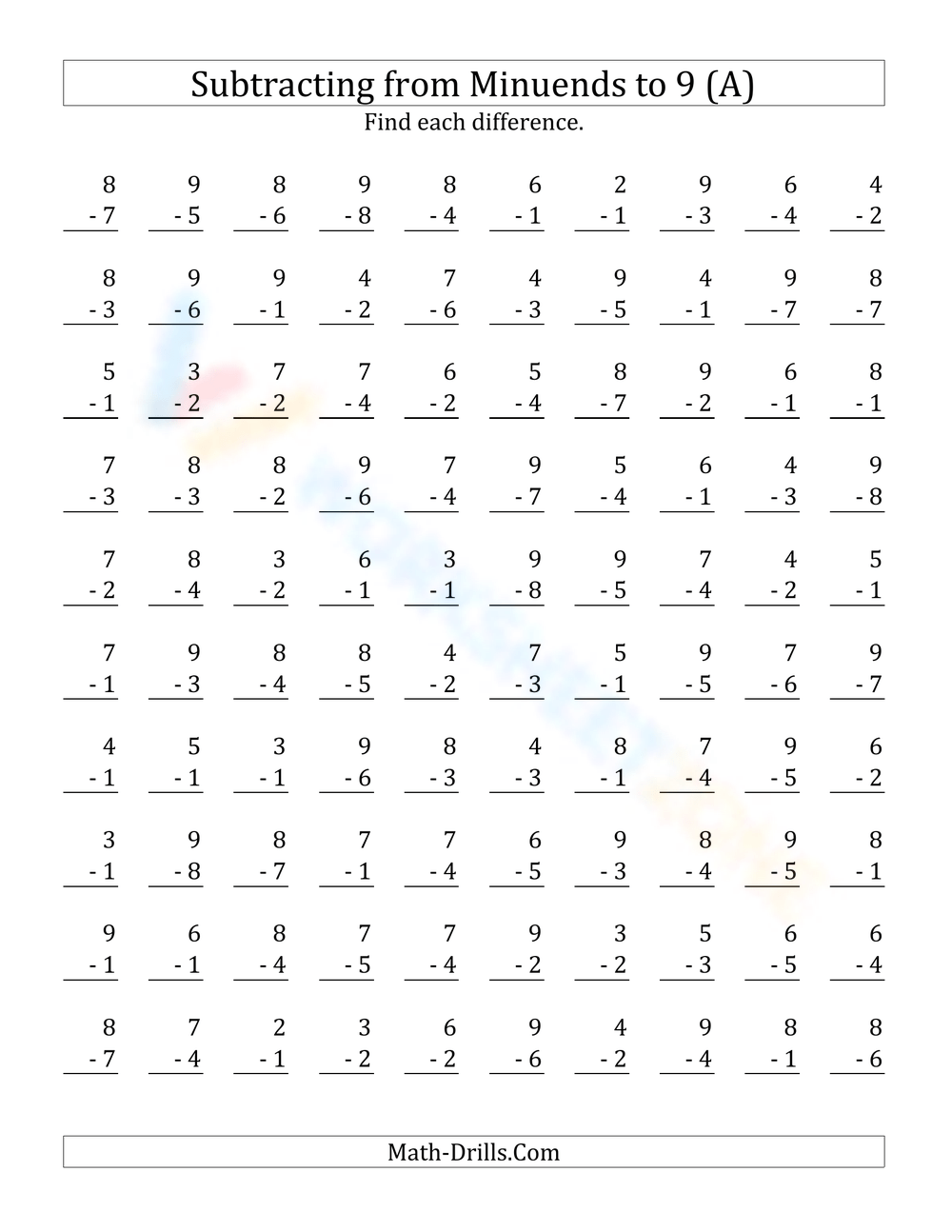 Printable Easter Single Digit Subtraction Worksheets